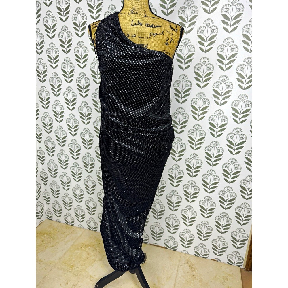 Gibson Latimer Black Silver Glitter 1 Shoulder Ruched Dress L Bodycon NWT